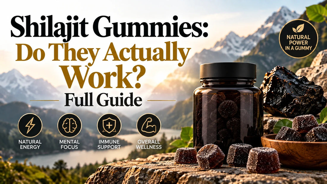 Bottle of dark shilajit gummies with loose gummies in a wooden bowl, mountains behind