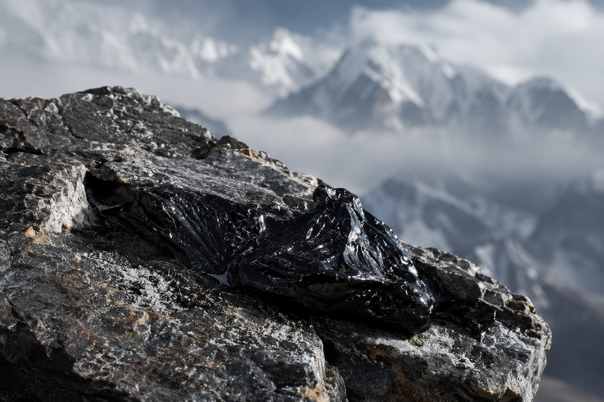 Raw black shilajit resin oozing from a crack in a mountain rock with snowy peaks behind