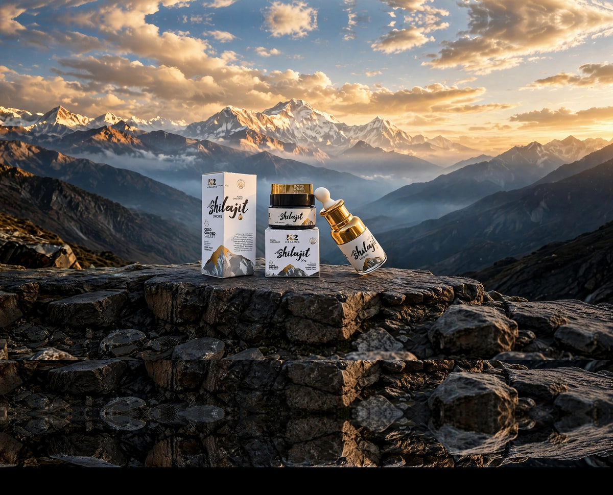 K2 Healing Shilajit products centered with Himalayan mountain background