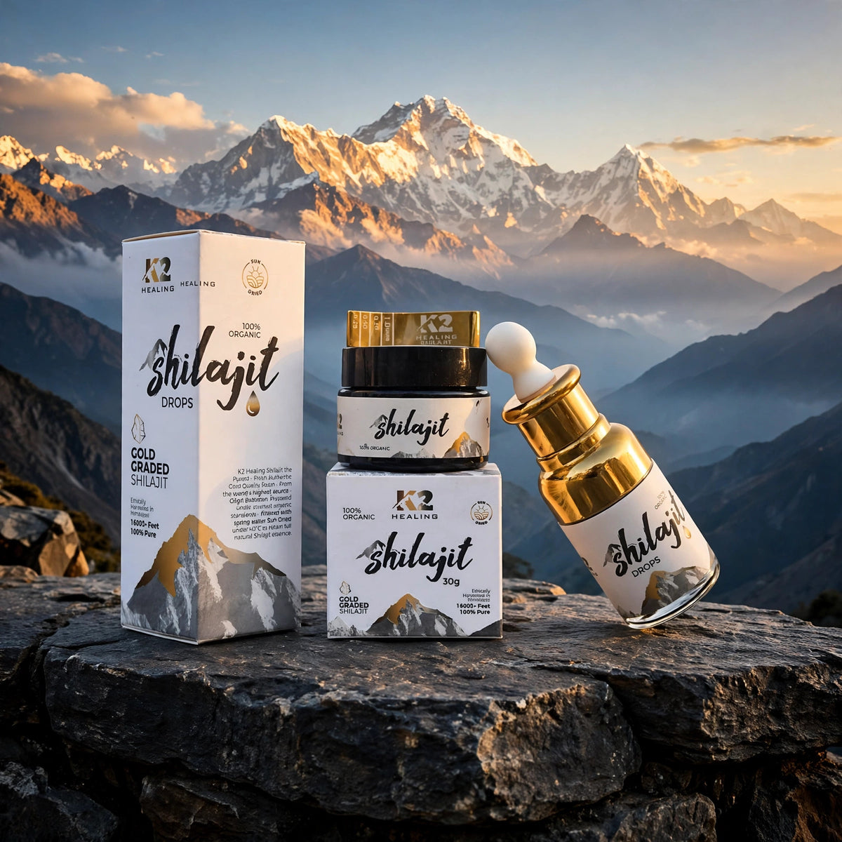 K2 Healing Shilajit products with Himalayan mountain background